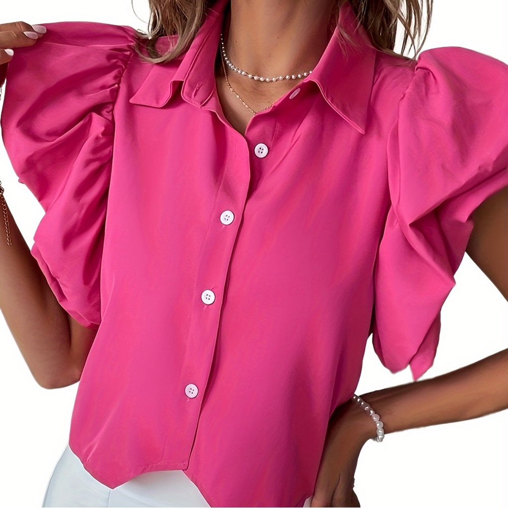 ◾️3/$25 SHEIN Solid Button Front Shirt Layered Ruffle Lapel Sleeve Blouse